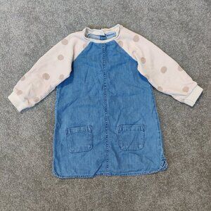 Next SP Girls Dress Size 2-3 Years 100% Cotton Denim Blue Beige Polka Dot Casual